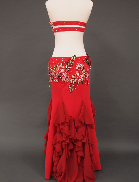 ベリーダンス衣装】大人気！赤×バラのデザイン！輝く装飾が目をひく