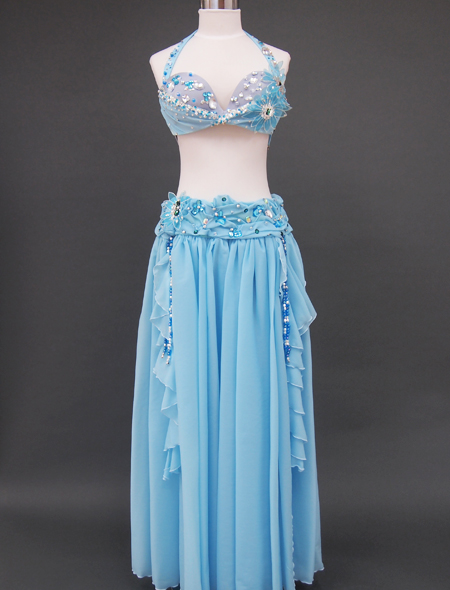 ベリーダンス衣装】薄いブルーに花柄が美しい！フリルもついて