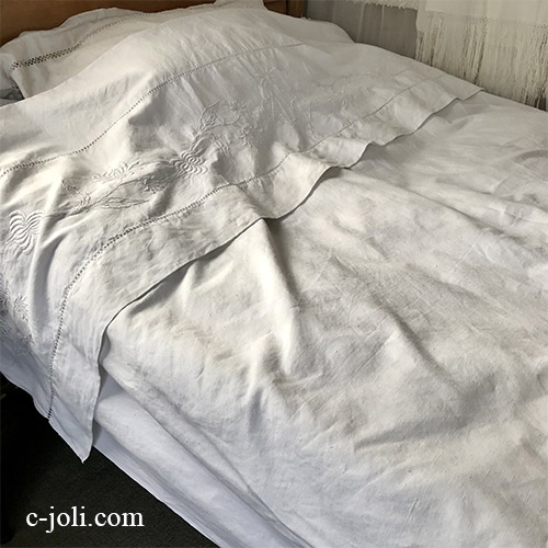 B1602 フランスアンティークリネンシーツ/ベッドシーツ LK手刺繍