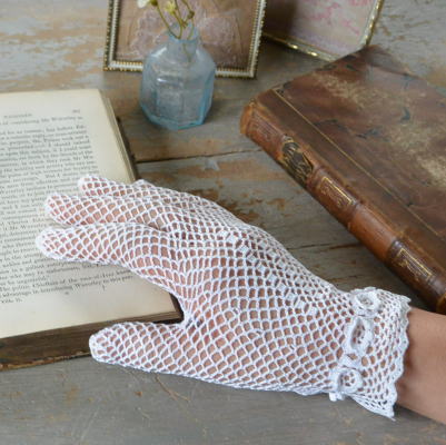 F-036 フランスアンティークレース手袋 リネンクロシェレース手袋 ホワイト