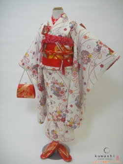 七五三レンタル着物】 00724 白地花束文フルセット 【7歳女児着物