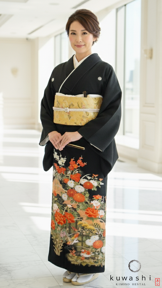 正絹黒留袖レンタル】 90005 紅白金彩鴛鴦黒留袖袋帯セット