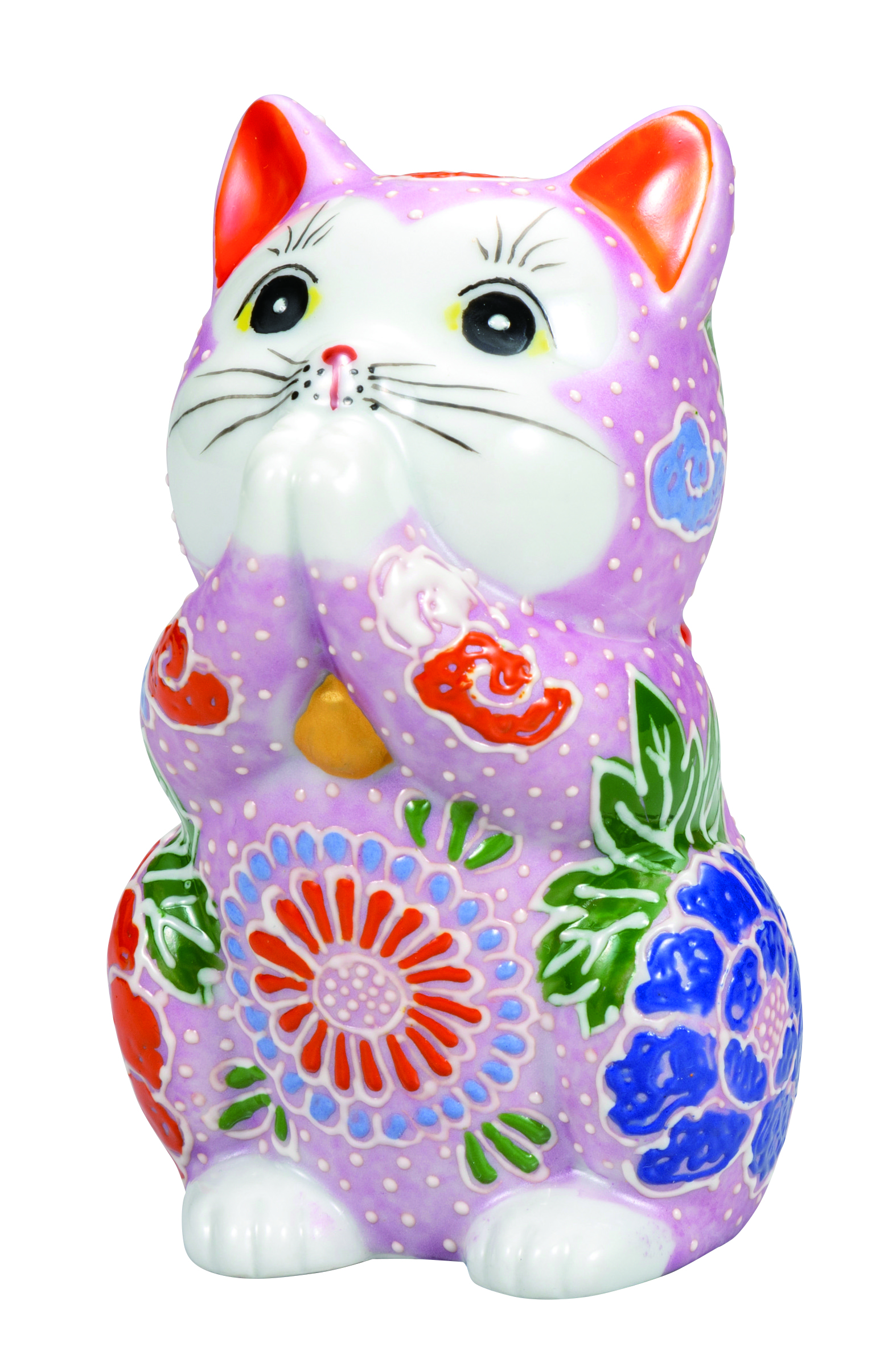 九谷焼 3.8号お祈り猫 ピンク盛