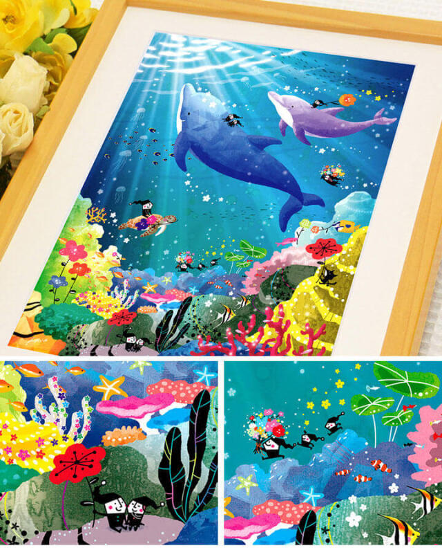 絵画 インテリア 「海の歌」(ミニ) 笑顔 プレゼント 誕生日 イルカ 海