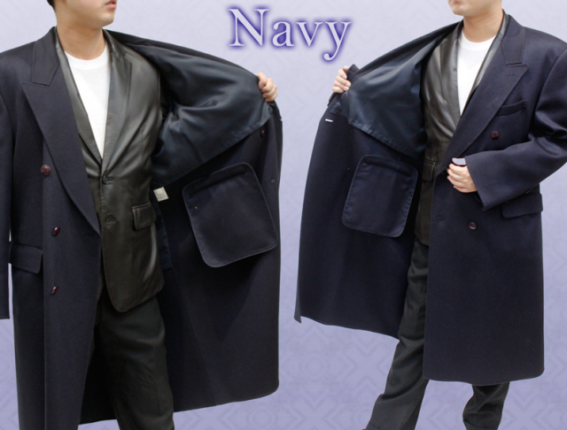日本製 カシミヤコート リバーシブル ダブル メンズ ネイビー/キャメル