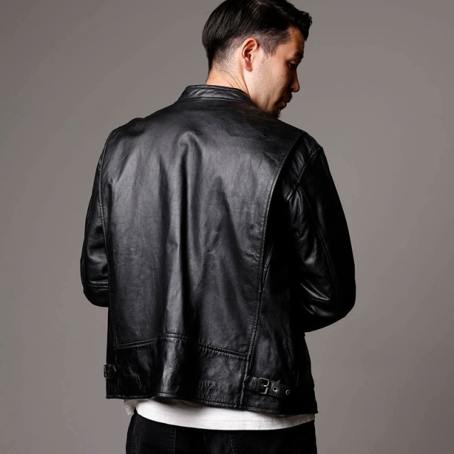 Mo-Laws ラム革 シングルライダースジャケット メンズ ブラック