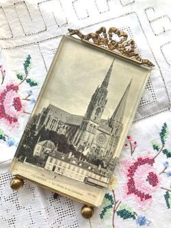 フランスアンティーク,ガラスと真鍮,フォトスタンド,リボン