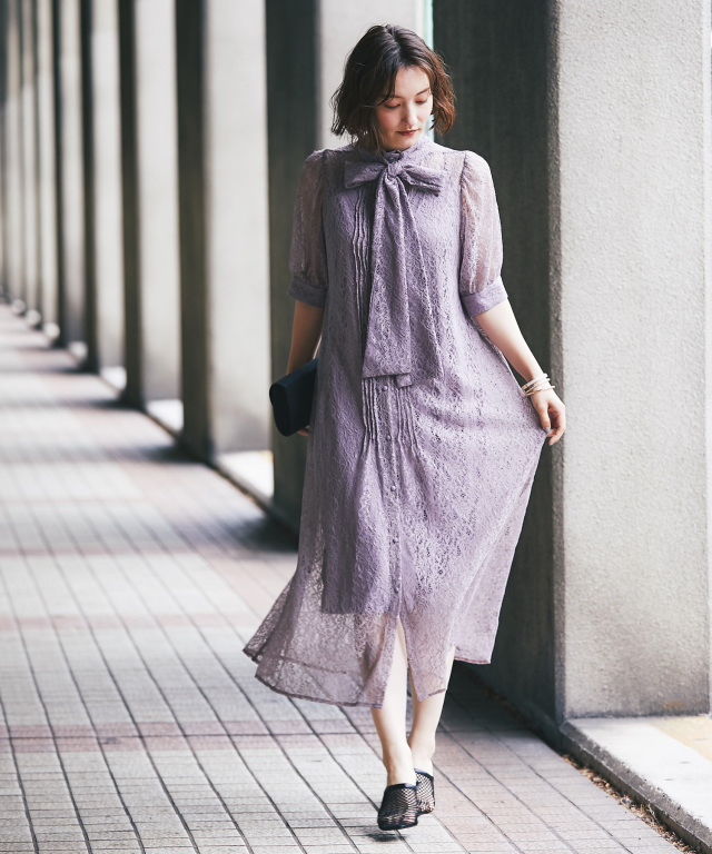 インナー付き2WAY リボン総レース ロングパーティードレス 【品番