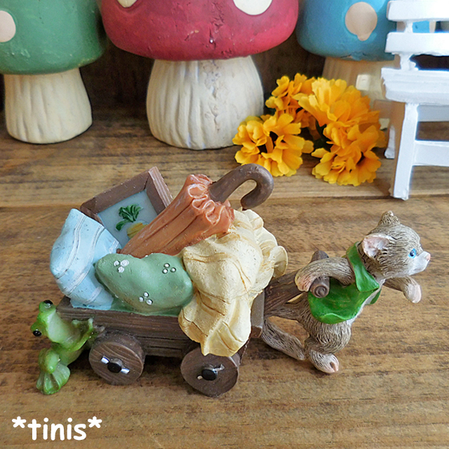 猫と蛙と荷車 置物 ミニチュア オブジェ お引越し cat インテリア