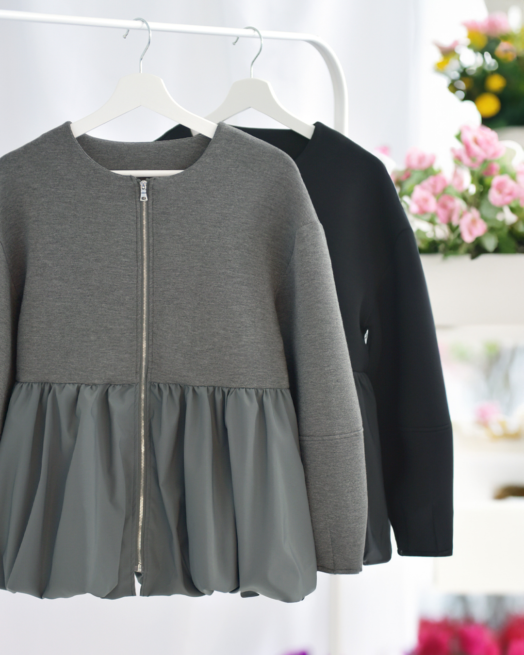 ジャケット ベルフラワー】お色展開：グレー,ブラック／ サイズ展開