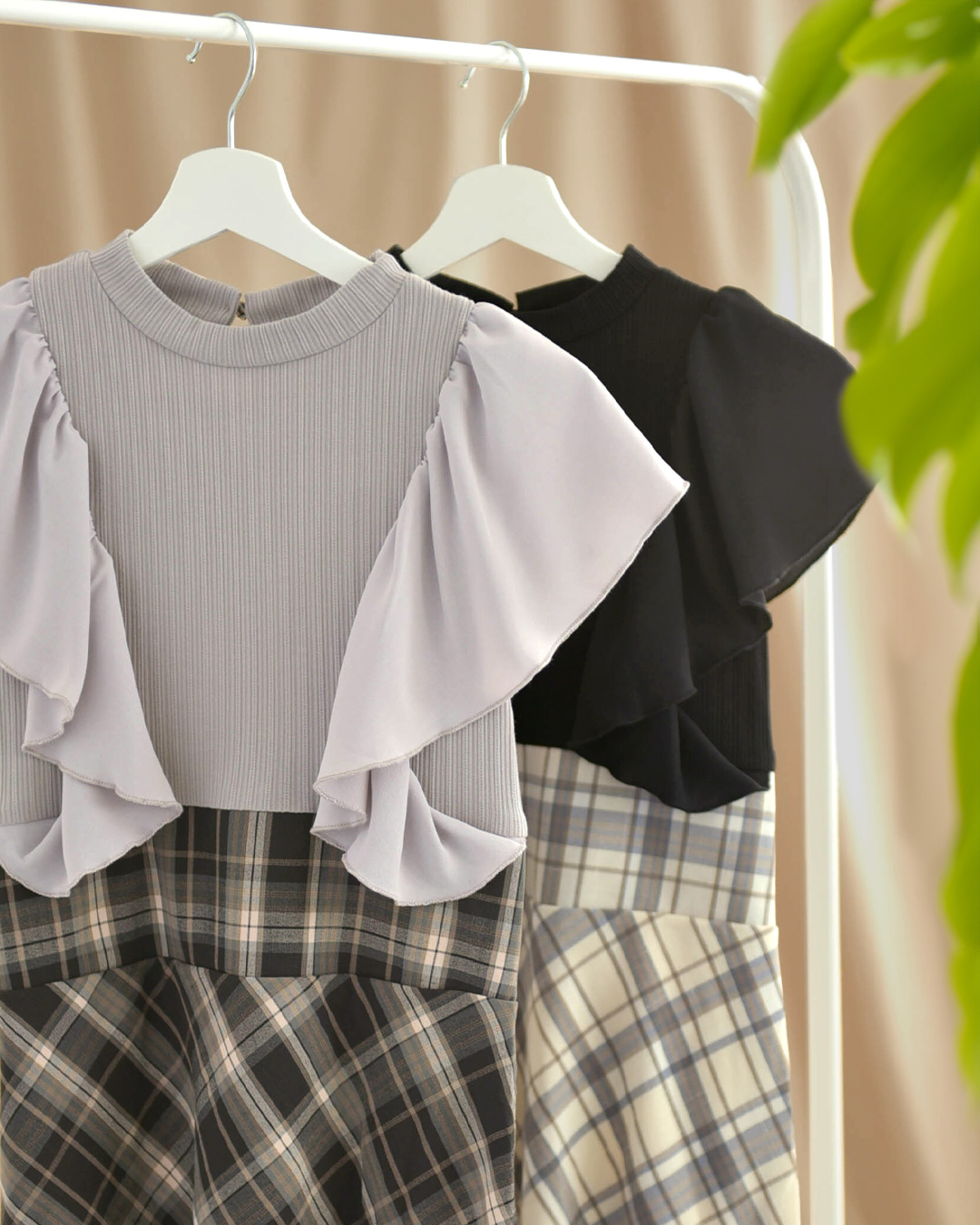 レディ チェック ワンピース】s034 お色展開：ブラック,ベージュ