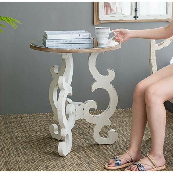 シャビーシック アンティークホワイト サイドテーブル（ミラー天板