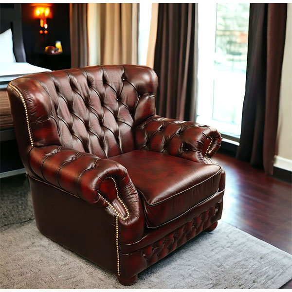 本革使用 チェスターフィールド 1人掛けソファ (1Pソファ) （ブラウン