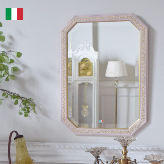 イタリア製 ウォールミラー(壁掛け鏡) ピンクリーフ 48×68cm｜おしゃれ