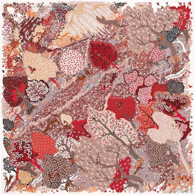 HERMES エルメス スカーフ カレ90 英国式庭園にて 白/ボルドー/グリス