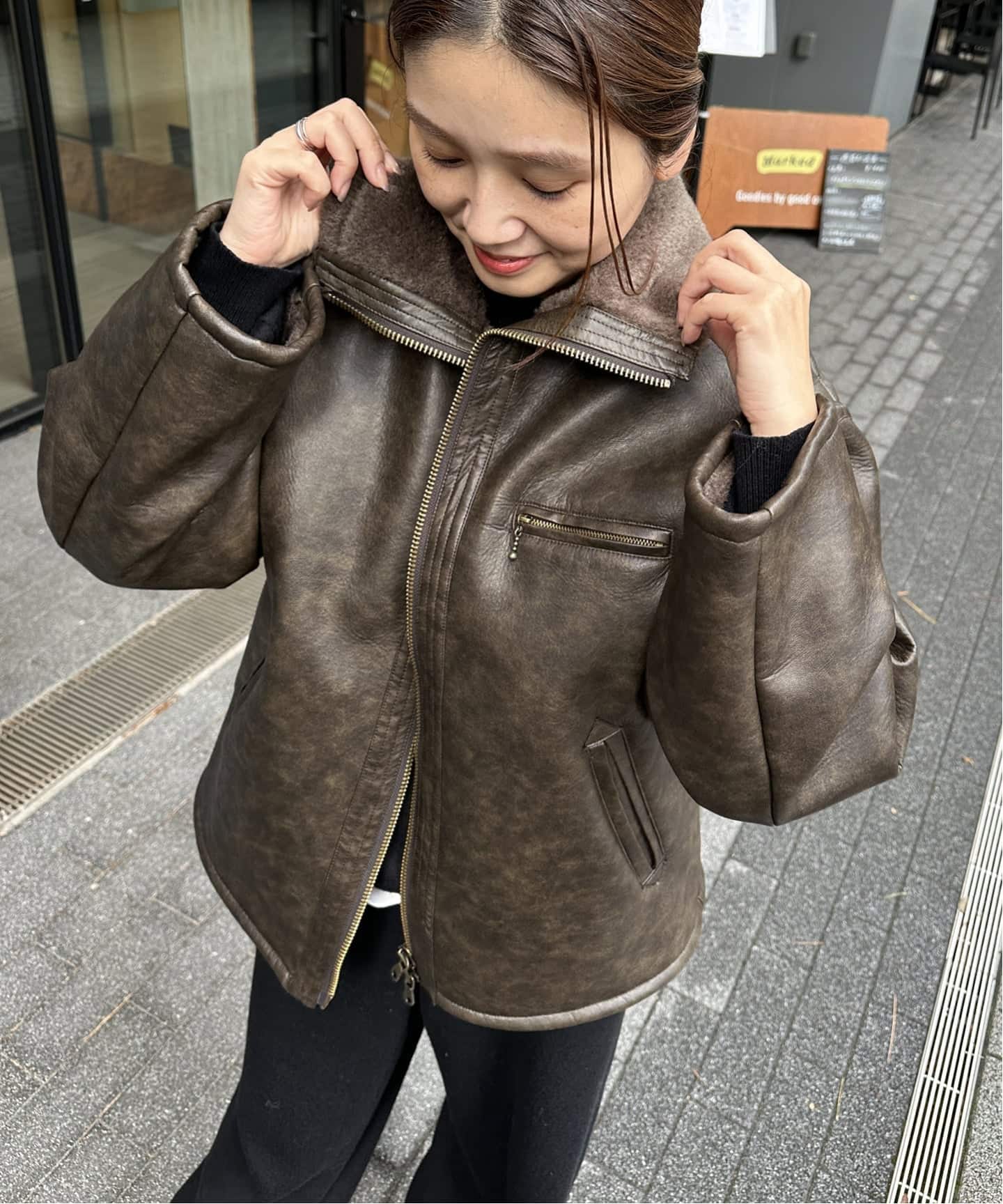 WEB限定追加》フェイクレザーボアブルゾン（レザージャケット