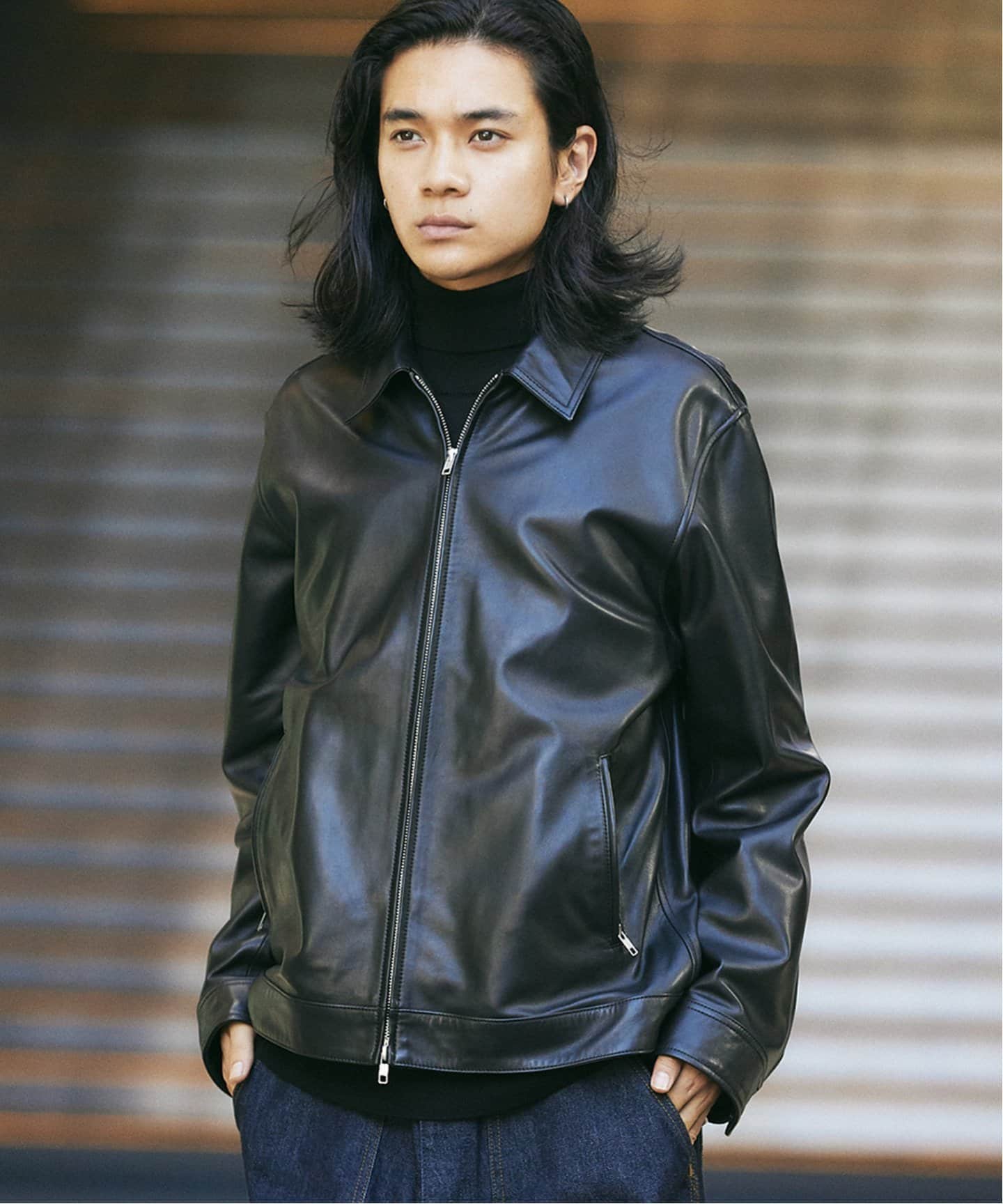 Nikeシープレザーシングルライダースジャケット黒ウインドランナー