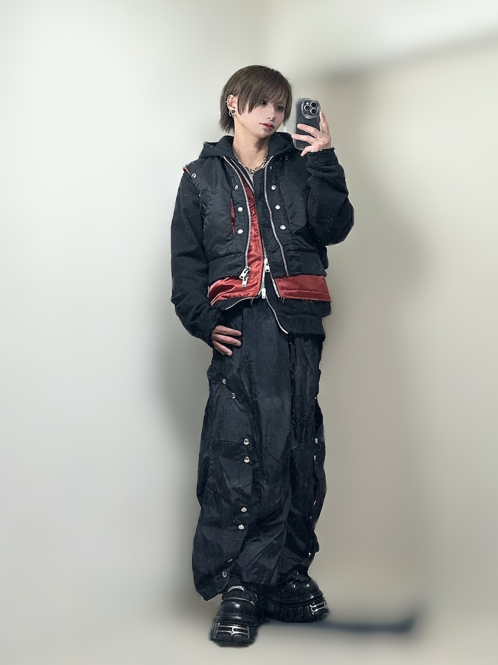 GRANCY ボタンレイヤードデザインナイロンパンツ グレー S