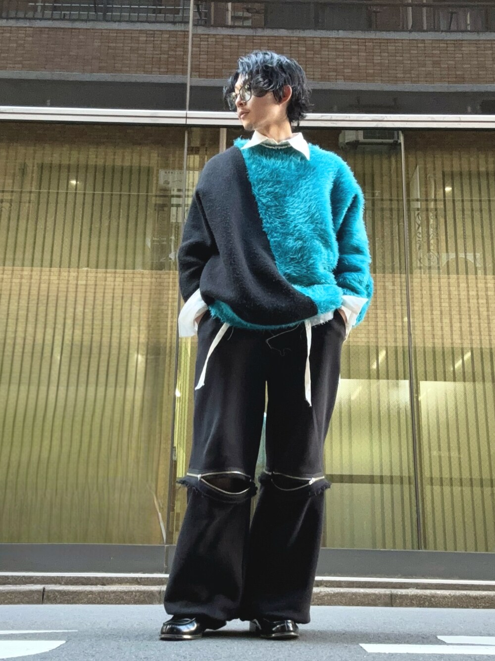 GRANCY スウェットドッキングデザイン ダメージバギーデニムパンツ