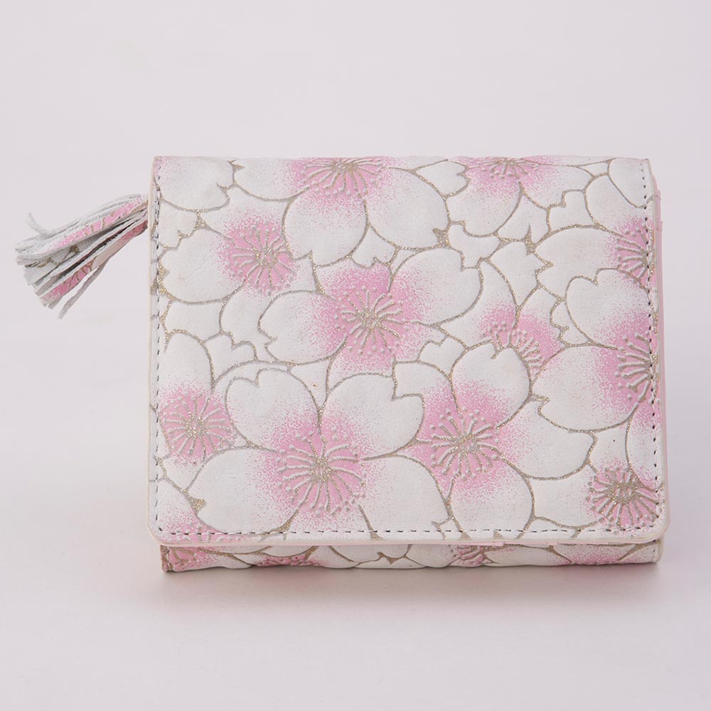 イタリアレザー サクラ花柄 中がL字ファスナー 二つ折財布 レディス