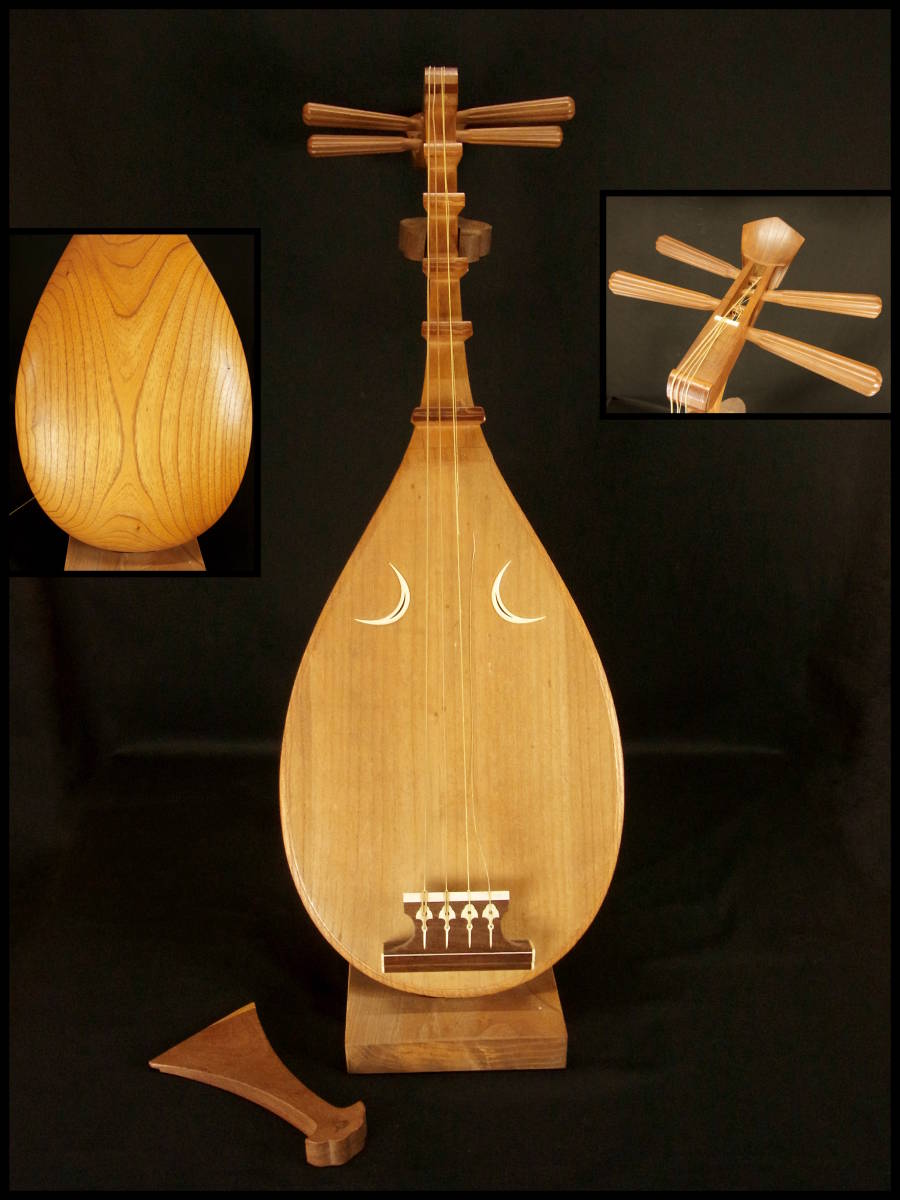 筑前琵琶 四弦五柱 半月細工 撥付き 和楽器 筑前琵琶 四弦五柱 半月