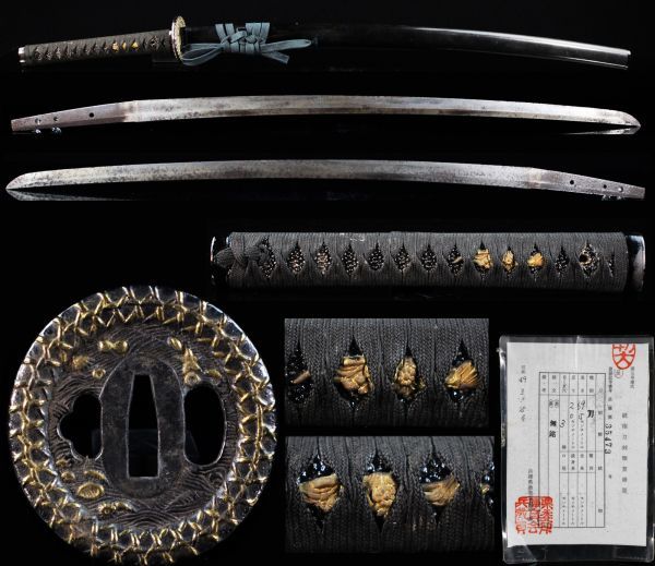 時代物】日本刀 拵え一式 五種 鮫皮巻 黒呂塗 蜘蛛椿花図 刀装具 武士