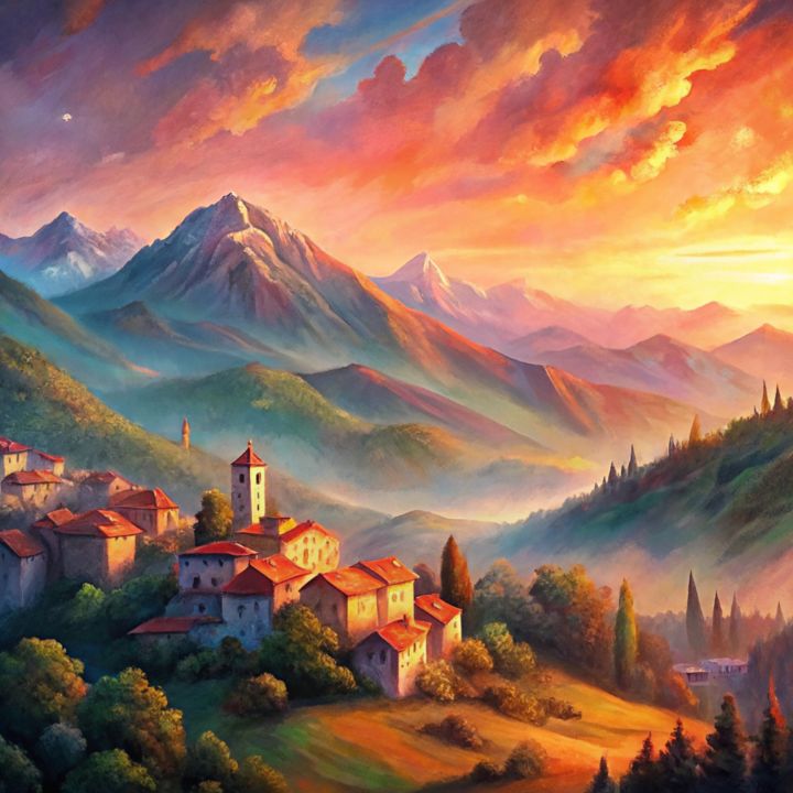 Sunset Village in the Mountains - VisualVibesArt - Digital Art