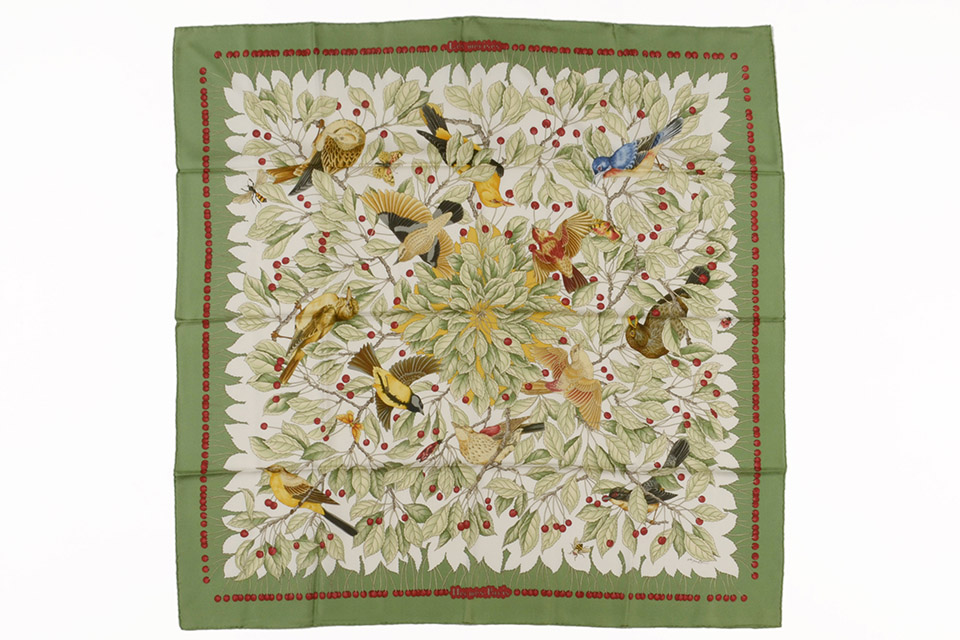 スカーフ カレ90 Les merises さくらんぼ 鳥 シルク グリーン