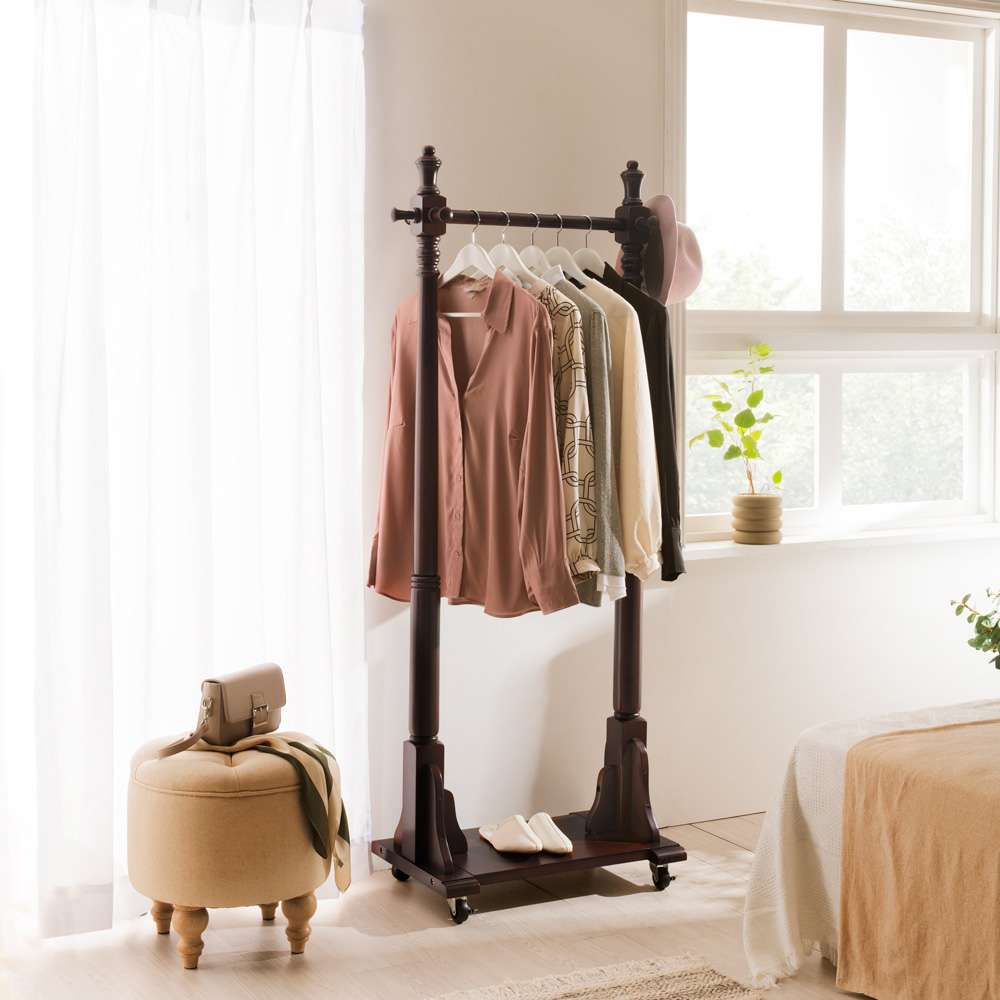 マホガニー天然木 キャスター付きハンガーラック 幅73cm奥行40cm高さ