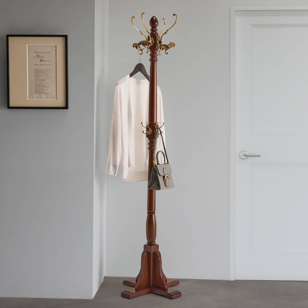 真鍮＆マホガニー天然木ポールハンガー 幅45cm奥行45cm高さ175cm 通販