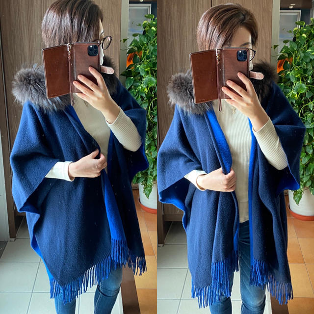 Grace Class ネイビー ファーポンチョ