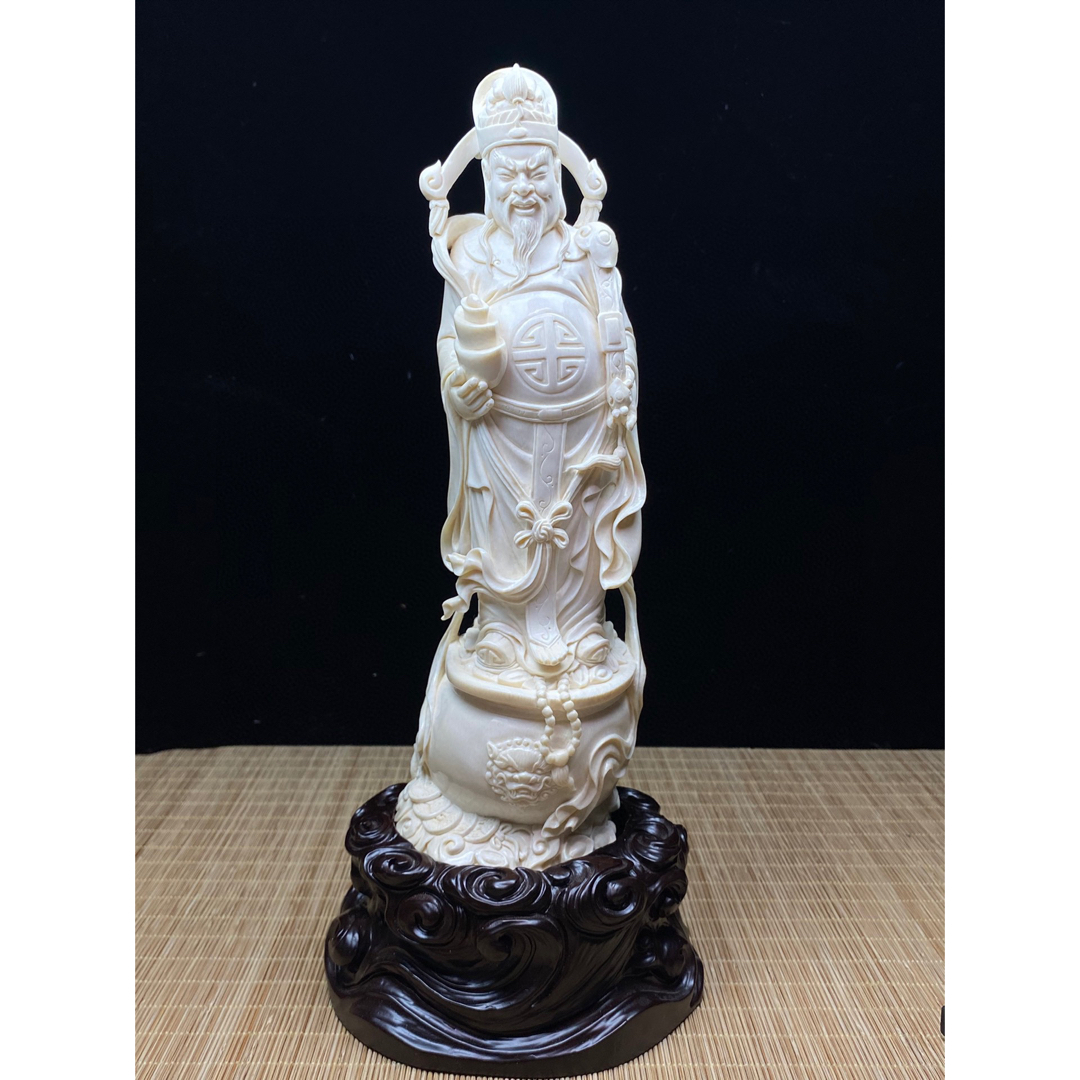 天然マンモス牙美しい手作り彫刻財神爺·招財進宝置物