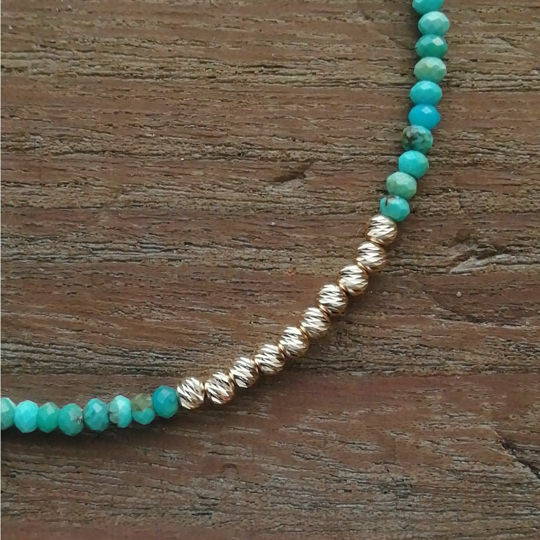 天然ターコイズ＆K18 グリッタービーズ アンクレットA / 18金 ゴールド