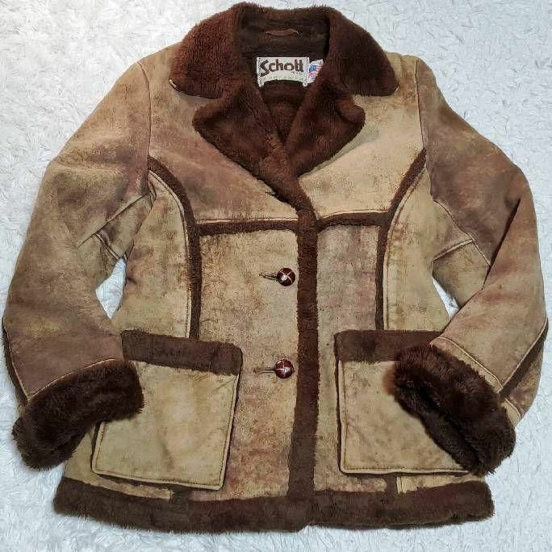schott - L ショット レザー ムートンジャケット 茶 革調くるみボタン