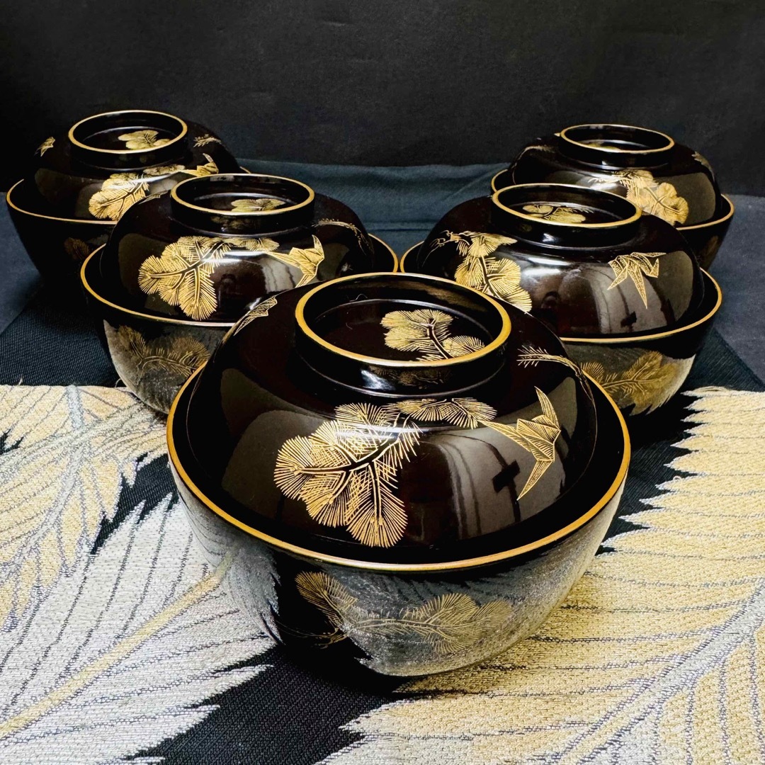 BK408 時代輪島塗 稲穂雀図金蒔絵 吸物椀 二客 木製 茶道具 懐石 会席