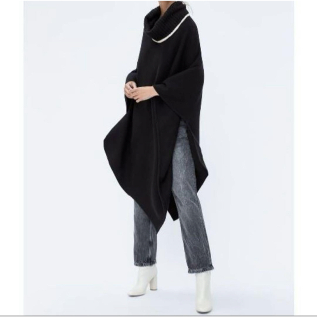 ZARA - ZARAニット アシンメトリー ポンチョ ケープ 黒 タートル ユニ