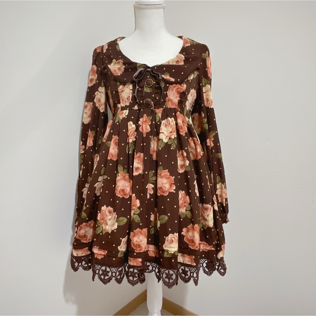 LIZLISA ミニワンピース 半袖 ブラウン 花柄 レース ビッグリボン