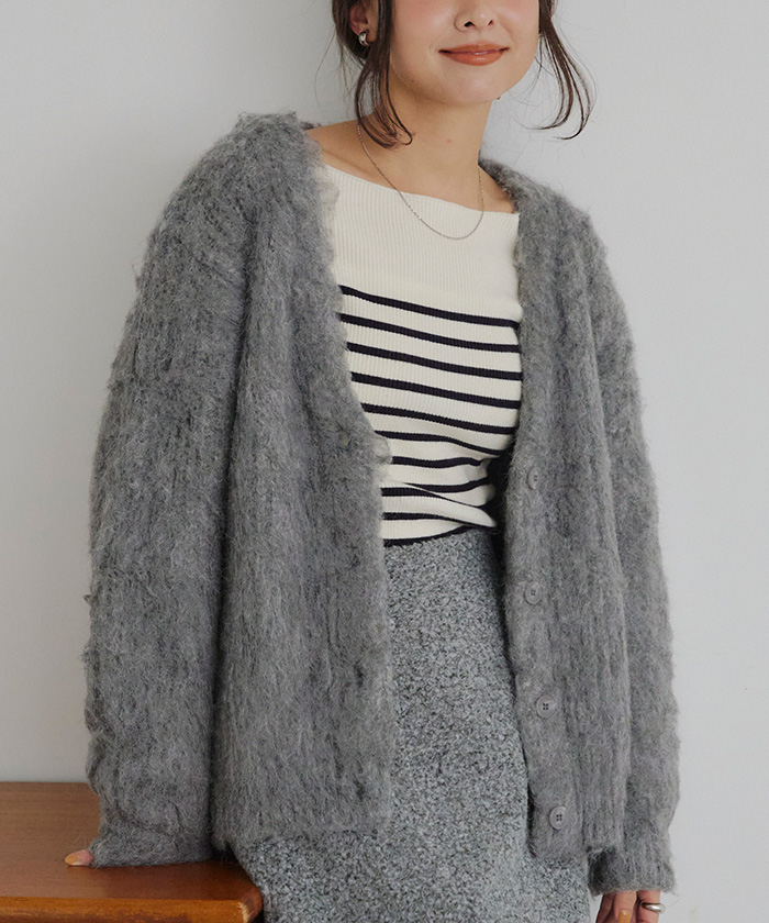 モヘアライクVネックシャギーニットカーディガン | titivate
