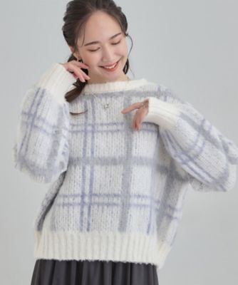S－LL】女性らしさ漂う ふわふわチェック柄ニット