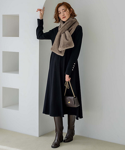 洗える】パールディテール フレア ニットワンピース