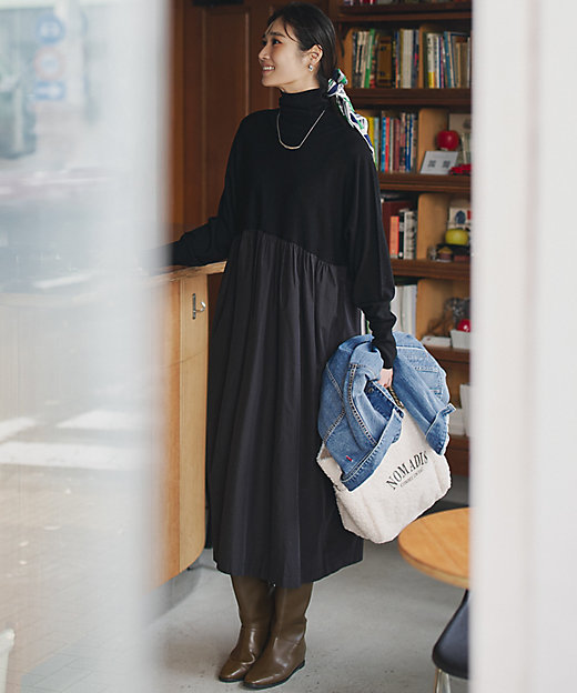 洗える】ギャザーコンビ ニットワンピース（OPWOGW0658