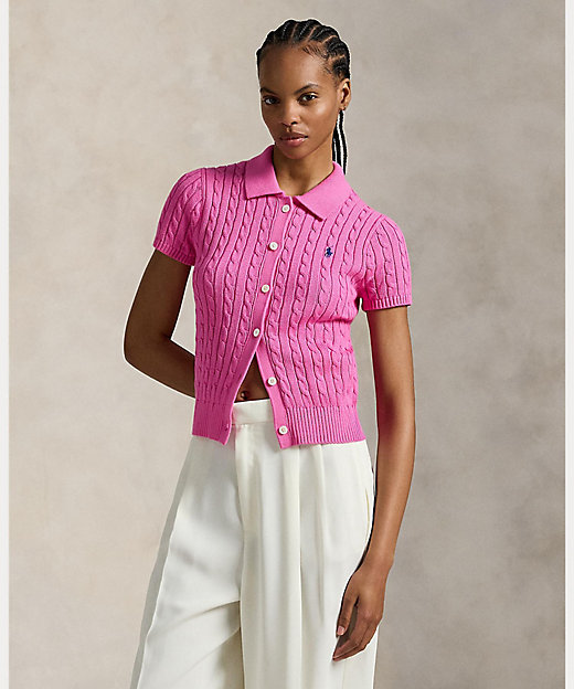 ケーブル コットン ショートスリーブ Polo カーディガン