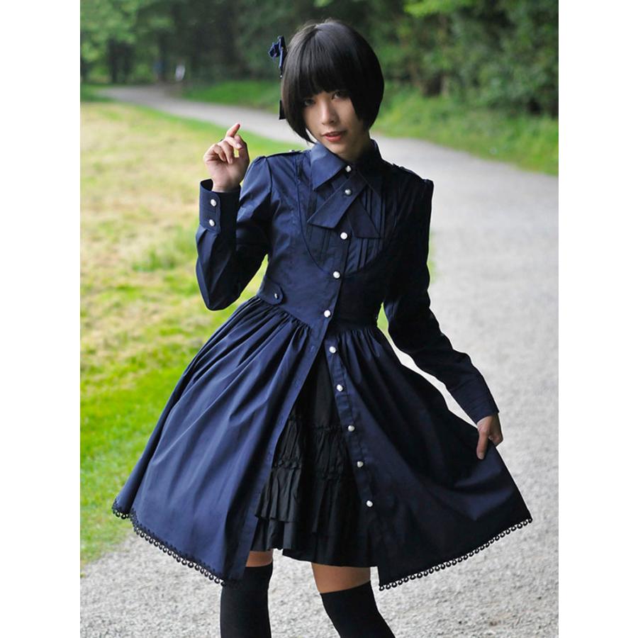 ゴスロリ軍服ワンピース クラシック ロリータOPドレス プリーツ ボタン