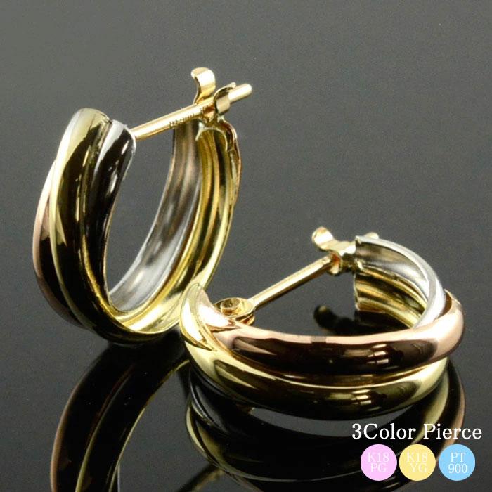 あすつく 18金 フープピアス レディース K18 スリーカラー 地金ピアス