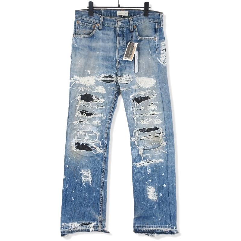 新品INNOCENCE NYC デストロイレザーデニムパンツダメージ