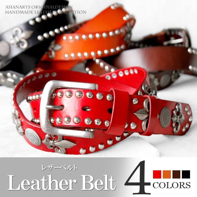 ベルト メンズ カジュアル スタッズ 本革 レザー 百合の紋章 フレア