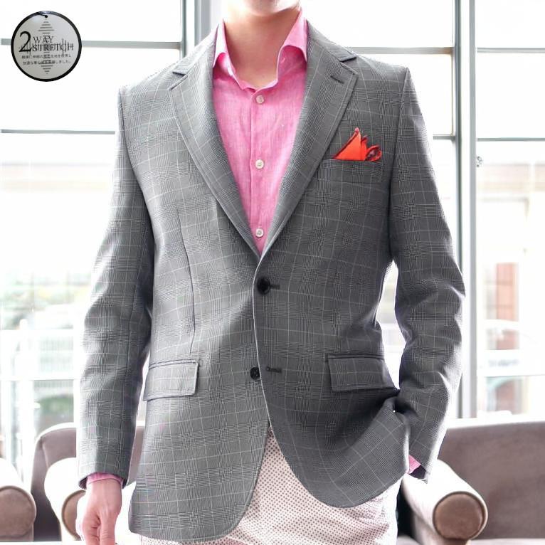 テーラードジャケット ブレザー ストレッチ グレンチェック グレー 春
