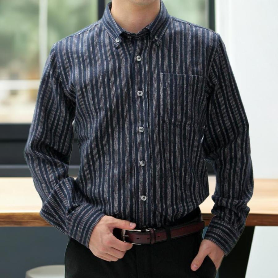 ストライプシャツ 長袖シャツ メンズ 紺 エンジ ストライプ コットン