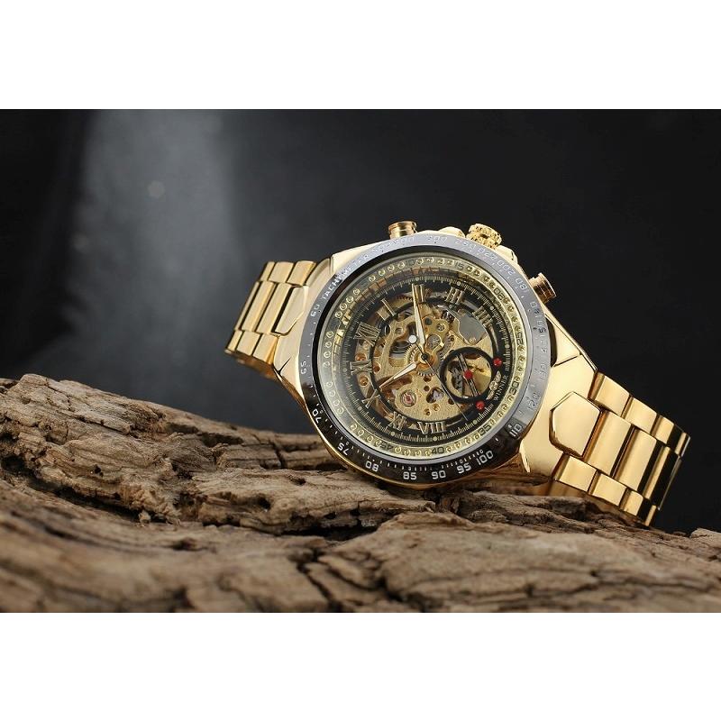 016 金×黒 機械式 自動巻き 腕時計 メンズ ウォッチ 紳士用 男物