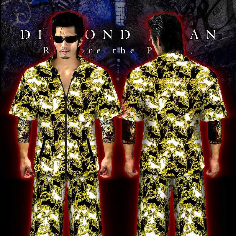 刺繍入り バロック総柄 花柄 半袖 セットアップ ジャージ 白×黒×黄